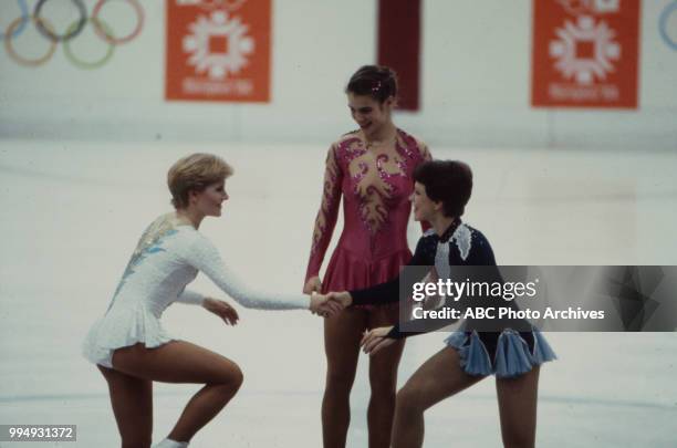 Sarajevo, Bosnia-Herzegovina Rosalynn Sumners, Katarina Witt, Kira Ivanova in the Ladies' figure skating medal ceremony at the 1984 Winter Olympics /...