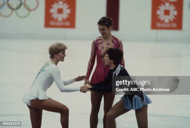 Sarajevo, Bosnia-Herzegovina Rosalynn Sumners, Katarina Witt, Kira Ivanova in the Ladies' figure skating medal ceremony at the 1984 Winter Olympics /...