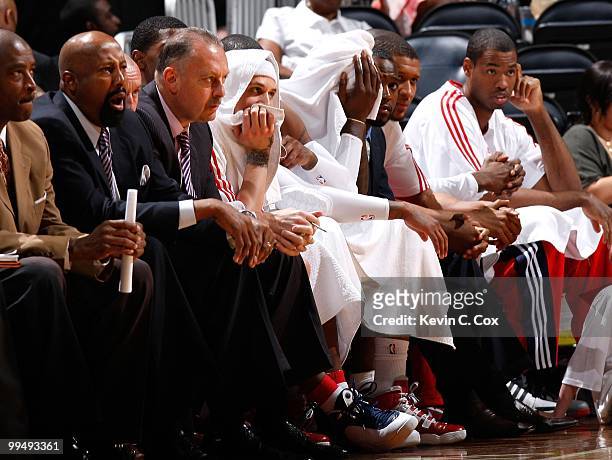 The bench of the Atlanta Hawks looks on the final minutes of their loss to the Orlando Magic during Game Three of the Eastern Conference Semifinals...