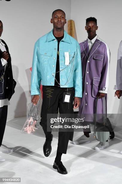 Model walks for the Vanessa Zhang presentation during July 2018 New York City Men's Fashion Week at Creative Drive on July 9, 2018 in New York City.