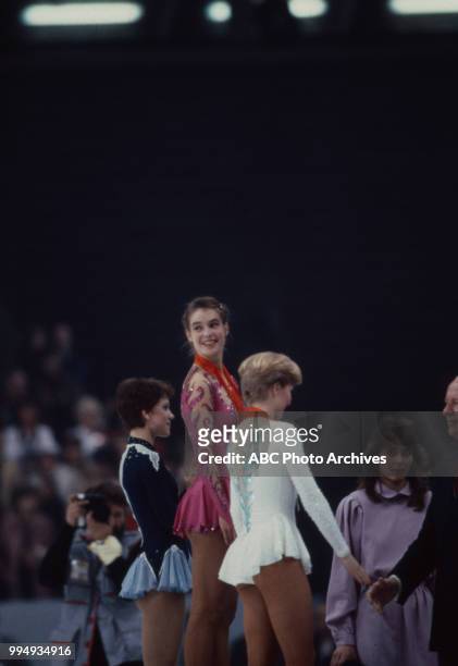 Sarajevo, Bosnia-Herzegovina Kira Ivanova, Katarina Witt, Rosalynn Sumners in the Ladies' figure skating medal ceremony at the 1984 Winter Olympics /...