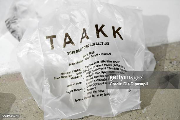 Taakk branded plastic bag atr the Taakkk presentation during July 2018 New York City Men's Fashion Week at Creative Drive on July 9, 2018 in New York...