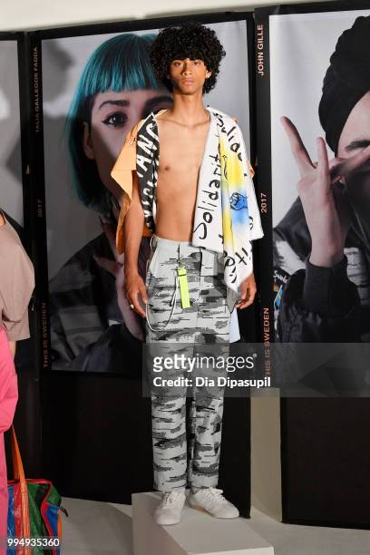 Model poses for the This Is Sweden presentation during July 2018 New York City Men's Fashion Week at Creative Drive on July 9, 2018 in New York City.