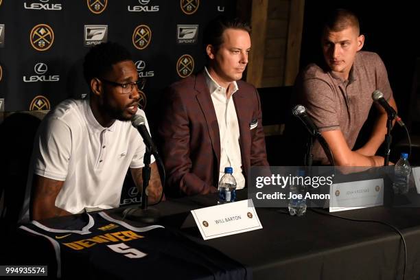 Will Barton speaks during a press conference for Josh Kroenke, vice chairman of Kroenke Sports and Entertainment and the Nuggets announce new...