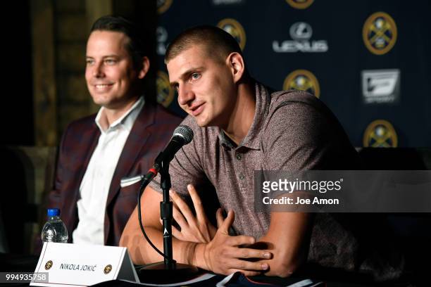 Nikola Jokic speaks during a press conference for Josh Kroenke, vice chairman of Kroenke Sports and Entertainment and the Nuggets to announce new...