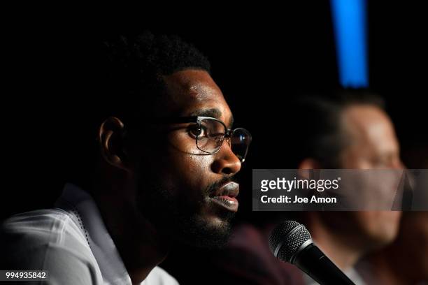 Will Barton speaks during a press conference for Josh Kroenke, vice chairman of Kroenke Sports and Entertainment and the Nuggets to announce new...