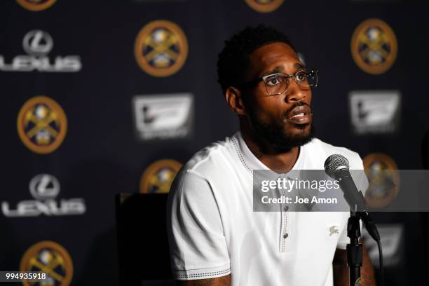 Will Barton speaks during a press conference for Josh Kroenke, vice chairman of Kroenke Sports and Entertainment and the Nuggets to announce new...