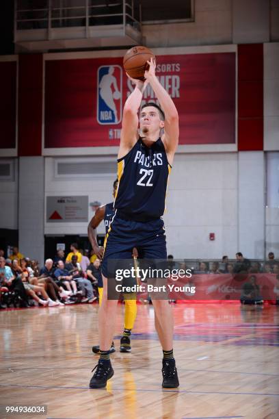 Leaf of the Indiana Pacers shoots a free throw against the Cleveland Cavaliers during the 2018 Las Vegas Summer League on July 9, 2018 at the Cox...