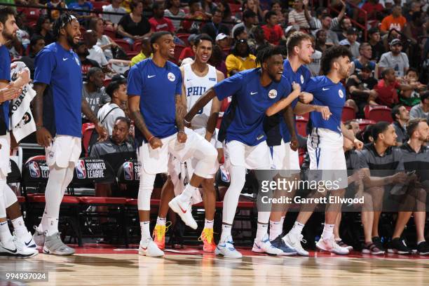 The the Philadelphia 76ers bench reacts against the Washington Wizards during the 2018 Las Vegas Summer League on July 9, 2018 at the Thomas & Mack...