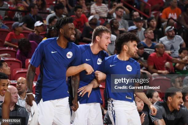 The the Philadelphia 76ers bench reacts against the Washington Wizards during the 2018 Las Vegas Summer League on July 9, 2018 at the Thomas & Mack...