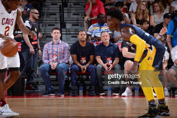 General Manager Koby Altman and owner Dan Gilbert of the Cleveland Cavaliers attend the game against the Indiana Pacers during the 2018 Las Vegas...