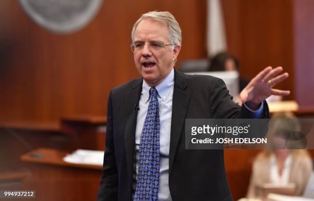 Monsanto defense attorney George Lombardi speaks during the opening remarks of the Monsanto trial in San Francisco, California on July 2018. -...