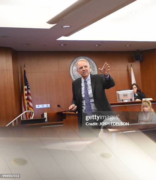 Monsanto defense attorney George Lombardi speaks during the opening remarks of the Monsanto trial in San Francisco, California on July 2018. -...