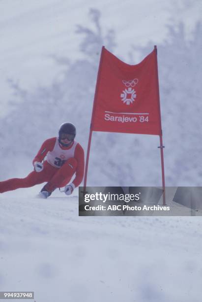 Sarajevo, Bosnia-Herzegovina Skier in the Men's downhill skiing competition at the 1984 Winter Olympics / XIV Olympic Winter Games, Bjelanica.