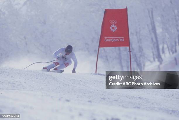 Sarajevo, Bosnia-Herzegovina Skier in the Men's downhill skiing competition at the 1984 Winter Olympics / XIV Olympic Winter Games, Bjelanica.