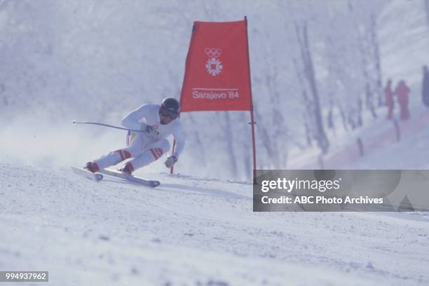 Sarajevo, Bosnia-Herzegovina Skier in the Men's downhill skiing competition at the 1984 Winter Olympics / XIV Olympic Winter Games, Bjelanica.