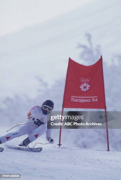 Sarajevo, Bosnia-Herzegovina Skier in the Men's downhill skiing competition at the 1984 Winter Olympics / XIV Olympic Winter Games, Bjelanica.