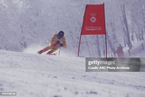 Sarajevo, Bosnia-Herzegovina Skier in the Men's downhill skiing competition at the 1984 Winter Olympics / XIV Olympic Winter Games, Bjelanica.