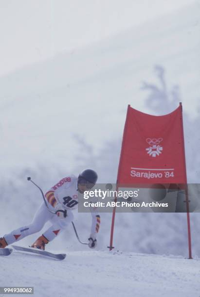 Sarajevo, Bosnia-Herzegovina Skier in the Men's downhill skiing competition at the 1984 Winter Olympics / XIV Olympic Winter Games, Bjelanica.