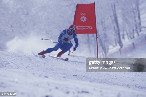 Sarajevo, Bosnia-Herzegovina Skier in the Men's downhill skiing competition at the 1984 Winter Olympics / XIV Olympic Winter Games, Bjelanica.