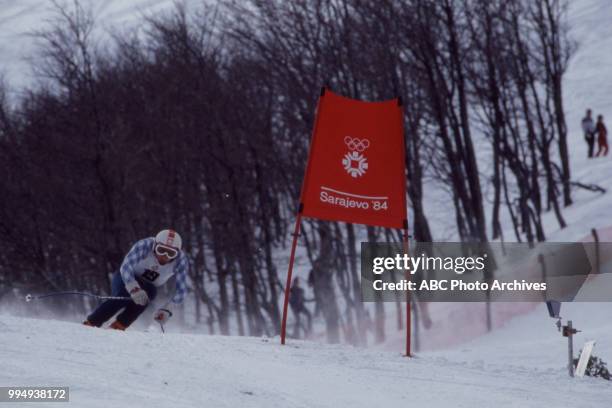 Sarajevo, Bosnia-Herzegovina Skier in the Men's downhill skiing competition at the 1984 Winter Olympics / XIV Olympic Winter Games, Bjelanica.