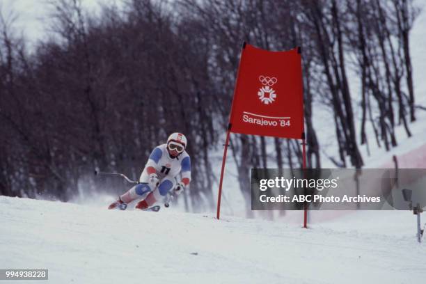 Sarajevo, Bosnia-Herzegovina Skier in the Men's downhill skiing competition at the 1984 Winter Olympics / XIV Olympic Winter Games, Bjelanica.