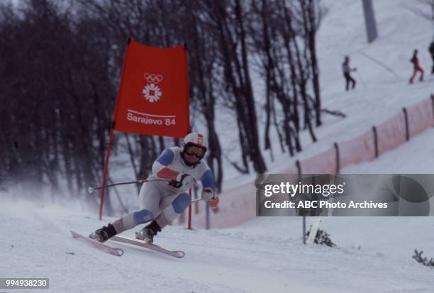 Sarajevo, Bosnia-Herzegovina Skier in the Men's downhill skiing competition at the 1984 Winter Olympics / XIV Olympic Winter Games, Bjelanica.