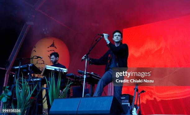 Ben Goldwasser and Andrew VanWyngarden of MGMT perform at Somerset House on July 9, 2018 in London, England.