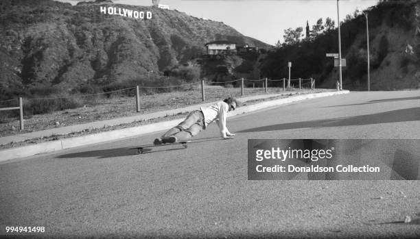 Skateboarder at Lake Hollywood Park in the Hollywood Hills area on December 4, 1975 in Los Angeles, California.
