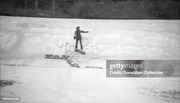Skateboarder at "The Vipers Bowl" in the Hollywood Hills area on December 4, 1975 in Los Angeles, California.