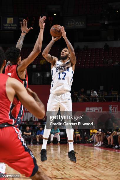 Devyn Marble of the Philadelphia 76ers shoots the ball against the Washington Wizards during the 2018 Las Vegas Summer League on July 9, 2018 at the...