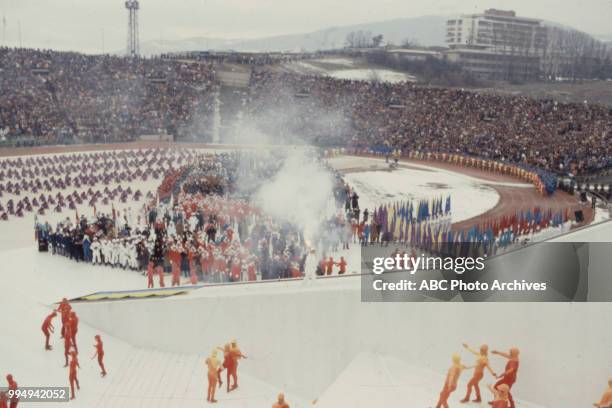 Sarajevo, Bosnia-Herzegovina Lighting Olympic flame, Opening ceremonies at the 1984 Winter Olympics / XIV Olympic Winter Games, Kosevo Stadium.