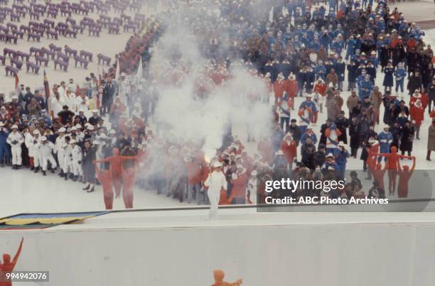 Sarajevo, Bosnia-Herzegovina Lighting Olympic flame, Opening ceremonies at the 1984 Winter Olympics / XIV Olympic Winter Games, Kosevo Stadium.