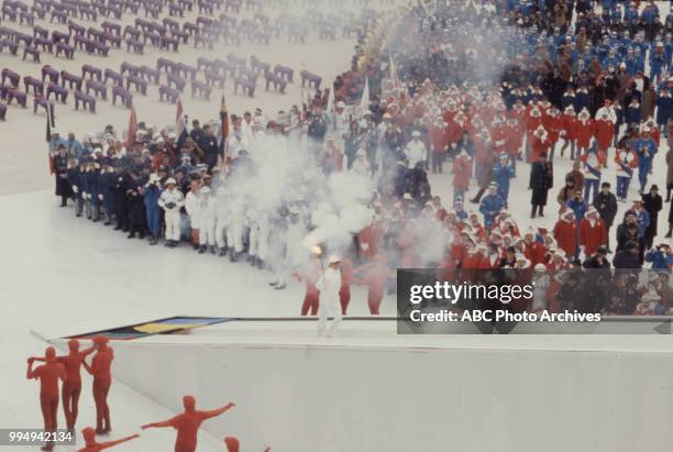 Sarajevo, Bosnia-Herzegovina Lighting Olympic flame, Opening ceremonies at the 1984 Winter Olympics / XIV Olympic Winter Games, Kosevo Stadium.