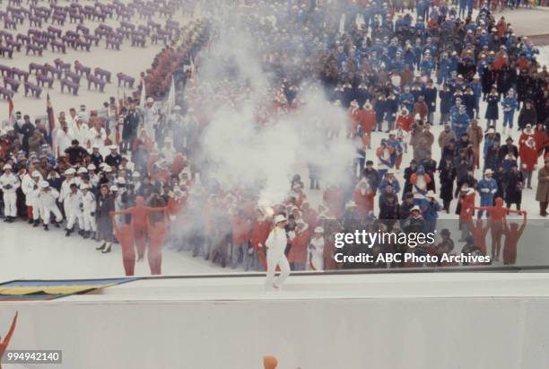 Sarajevo, Bosnia-Herzegovina Lighting Olympic flame, Opening ceremonies at the 1984 Winter Olympics / XIV Olympic Winter Games, Kosevo Stadium.