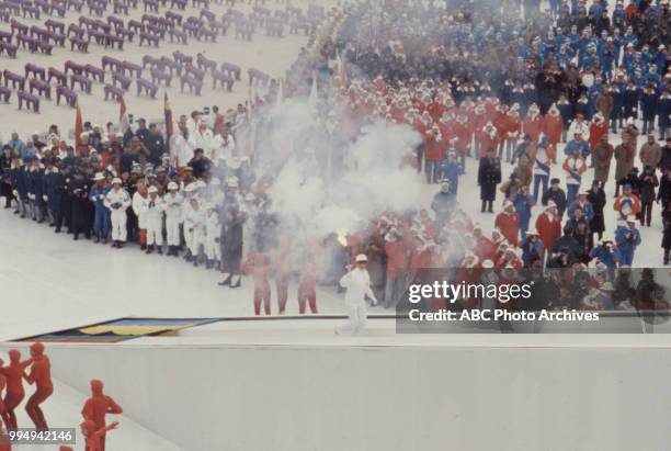 Sarajevo, Bosnia-Herzegovina Lighting Olympic flame, Opening ceremonies at the 1984 Winter Olympics / XIV Olympic Winter Games, Kosevo Stadium.