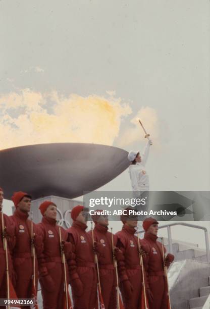 Sarajevo, Bosnia-Herzegovina Lighting Olympic flame, Opening ceremonies at the 1984 Winter Olympics / XIV Olympic Winter Games, Kosevo Stadium.