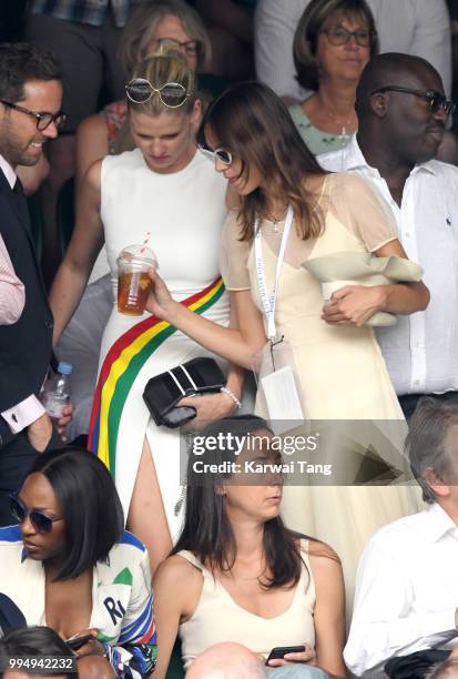 Lara Stone and Alexa Chung attend day seven of the Wimbledon Tennis Championships at the All England Lawn Tennis and Croquet Club on July 9, 2018 in...