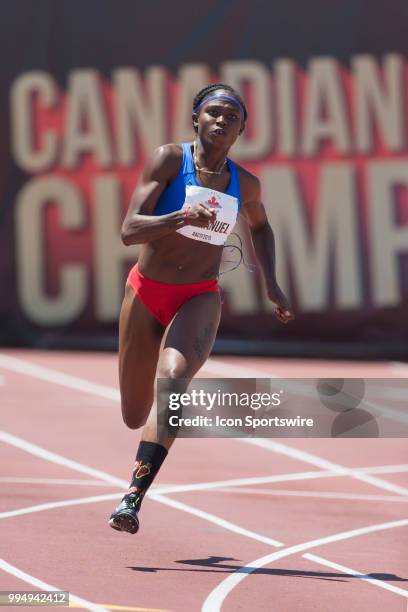 Crystal Emmanuel runs in the 200m semi-finals at the 2018 Athletics Canada National Track and Field Championships on July 07, 2018 held at the Terry...