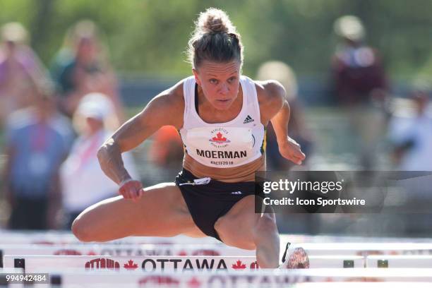 Christie Moerman in the 100m hurdle heats at the 2018 Athletics Canada National Track and Field Championships on July 07, 2018 held at the Terry Fox...