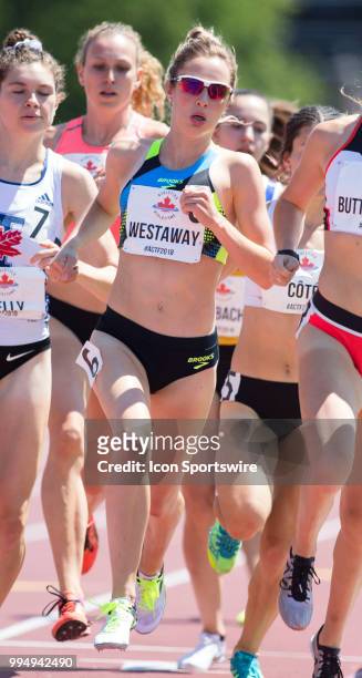 Jenna Westaway racing to silver in the 800m at the 2018 Athletics Canada National Track and Field Championships on July 08, 2018 held at the Terry...