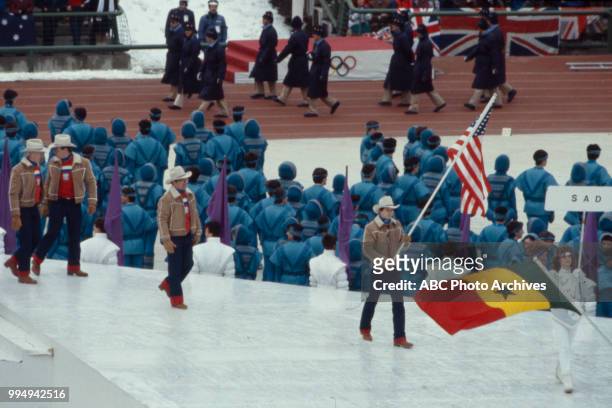 Sarajevo, Bosnia-Herzegovina United States team, Opening ceremonies at the 1984 Winter Olympics / XIV Olympic Winter Games, Kosevo Stadium.