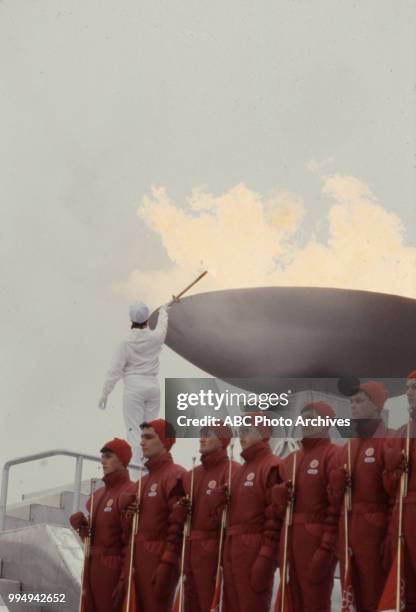 Sarajevo, Bosnia-Herzegovina Lighting Olympic flame, Opening ceremonies at the 1984 Winter Olympics / XIV Olympic Winter Games, Kosevo Stadium.