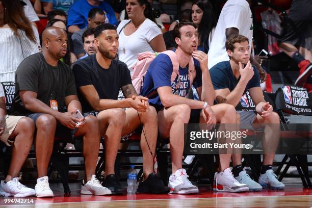 Denzel Valentine of the Chicago Bulls and Frank Kaminsky of the Charlotte Hornets attend the game between the Charlotte Hornets and the Boston...