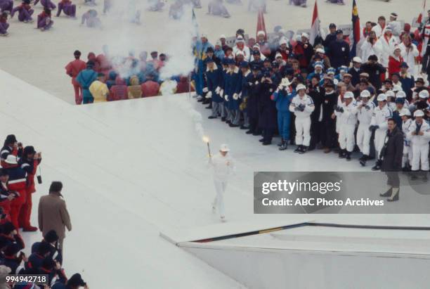 Sarajevo, Bosnia-Herzegovina Lighting Olympic flame, Opening ceremonies at the 1984 Winter Olympics / XIV Olympic Winter Games, Kosevo Stadium.