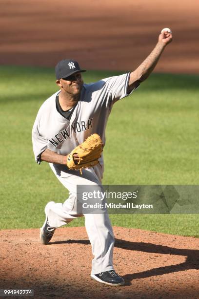 Sabathia of the New York Yankees pitches in the sixth inning during a game one of a doubleheader baseball game against the Baltimore Orioles at...