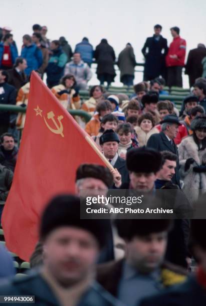 Sarajevo, Bosnia-Herzegovina Fans in stands at the opening ceremonies at the 1984 Winter Olympics / XIV Olympic Winter Games, Kosevo Stadium.