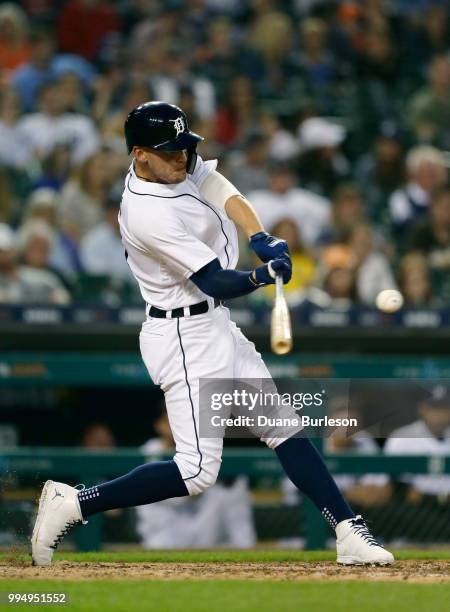 JaCoby Jones of the Detroit Tigers hits a fly ball against the Oakland Athletics at Comerica Park on June 27, 2018 in Detroit, Michigan.