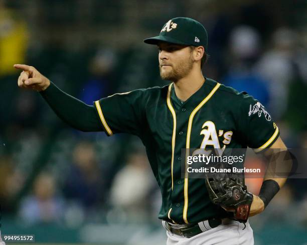 Chad Pinder of the Oakland Athletics after a win over the Detroit Tigers at Comerica Park on June 27, 2018 in Detroit, Michigan.