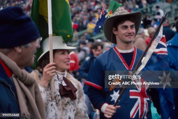 Sarajevo, Bosnia-Herzegovina Fans in the stands at the opening ceremonies at the 1984 Winter Olympics / XIV Olympic Winter Games, Kosevo Stadium.